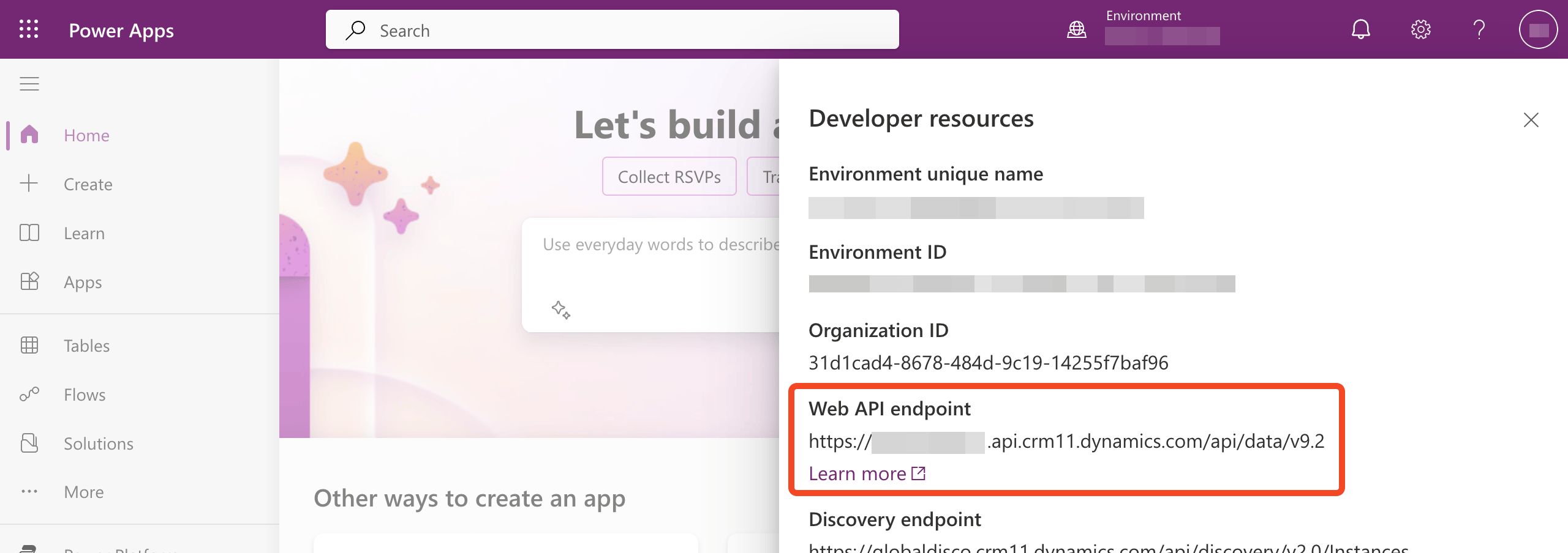 Power Apps Developer resources showing the Web API endpoint