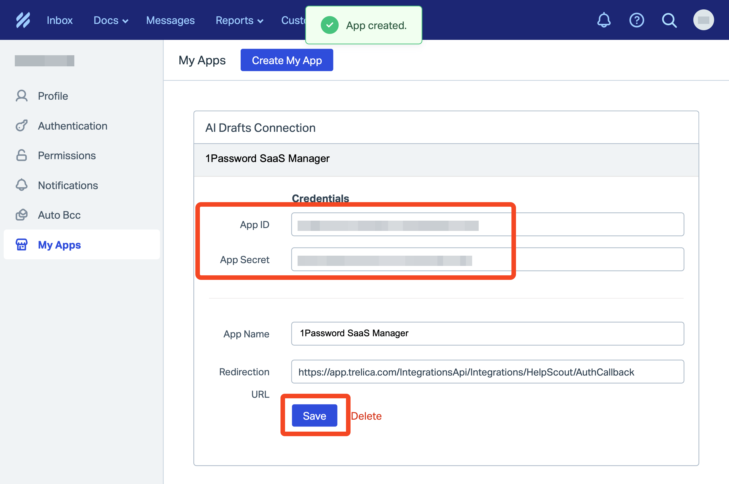 Help Scout dialog showing the generated API key