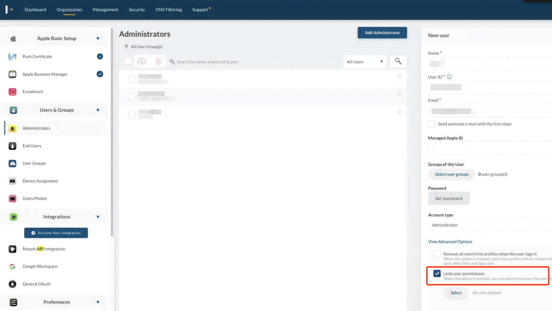 Mosyle Administrators page with Limit user permissions selected for a new user