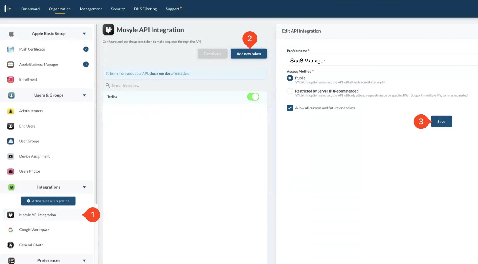 Mosyle API Integration page with the Add new token and Save actions highlighted