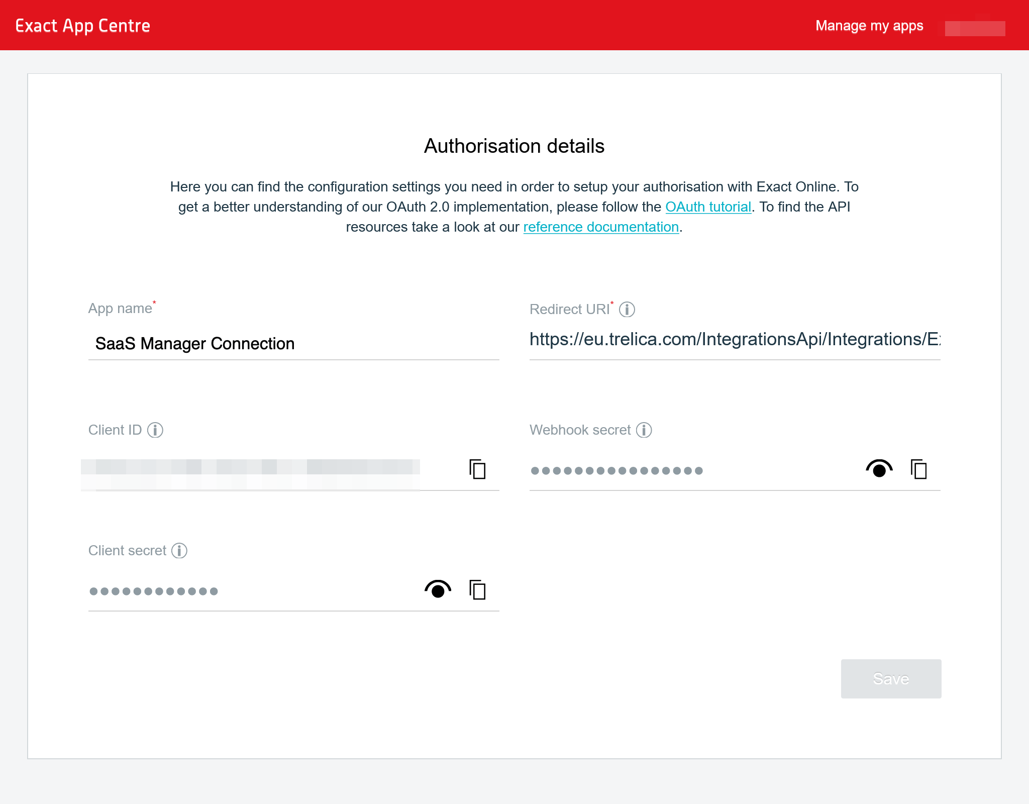Exact App Centre Authorization details showing the SaaS Manager redirect URI, client ID, webhook secret, and client secret