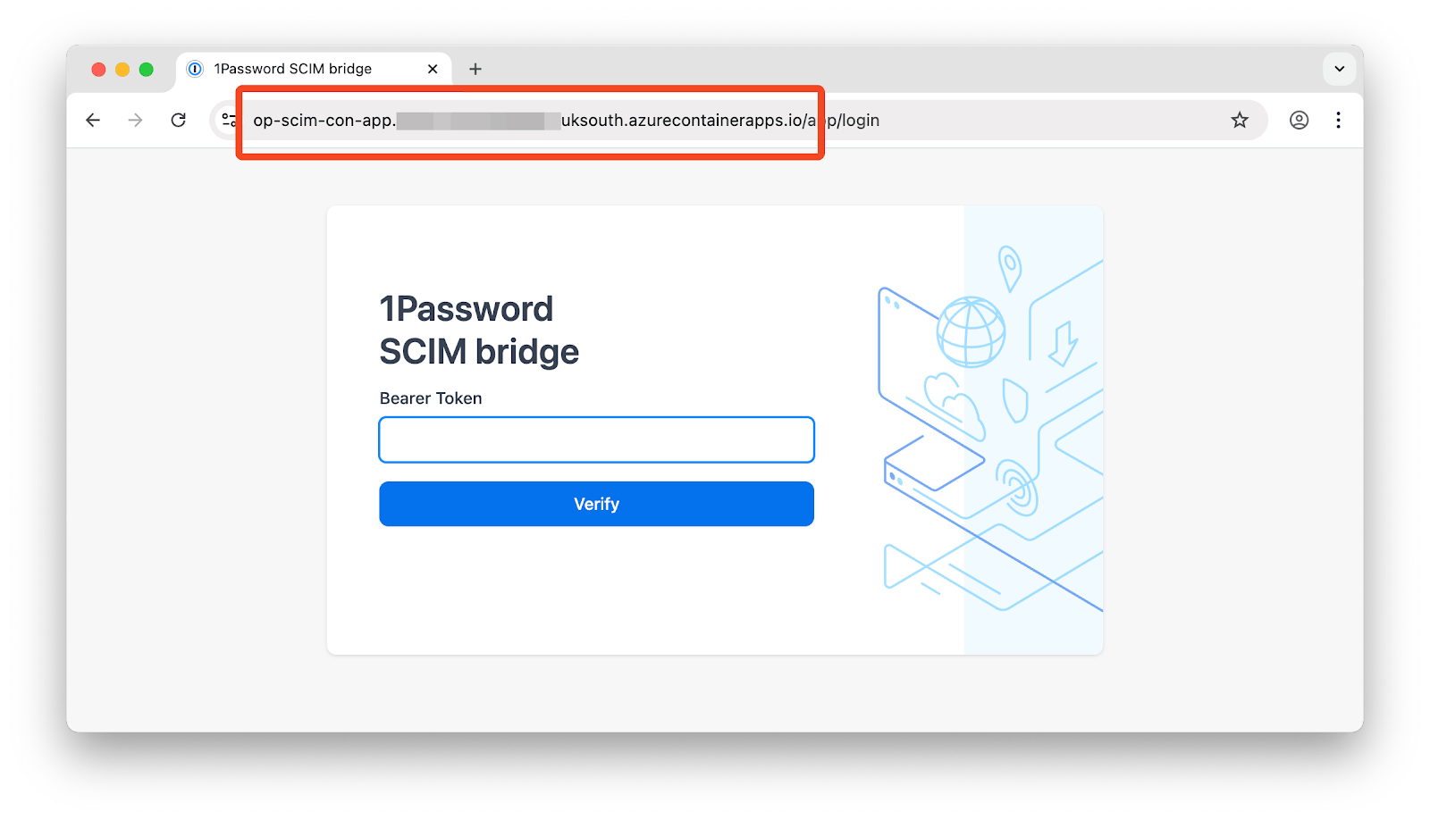 1Password SCIM bridge configuration showing the Tenant URL
