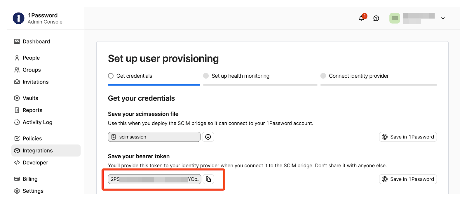 1Password SCIM bridge configuration showing the bearer token