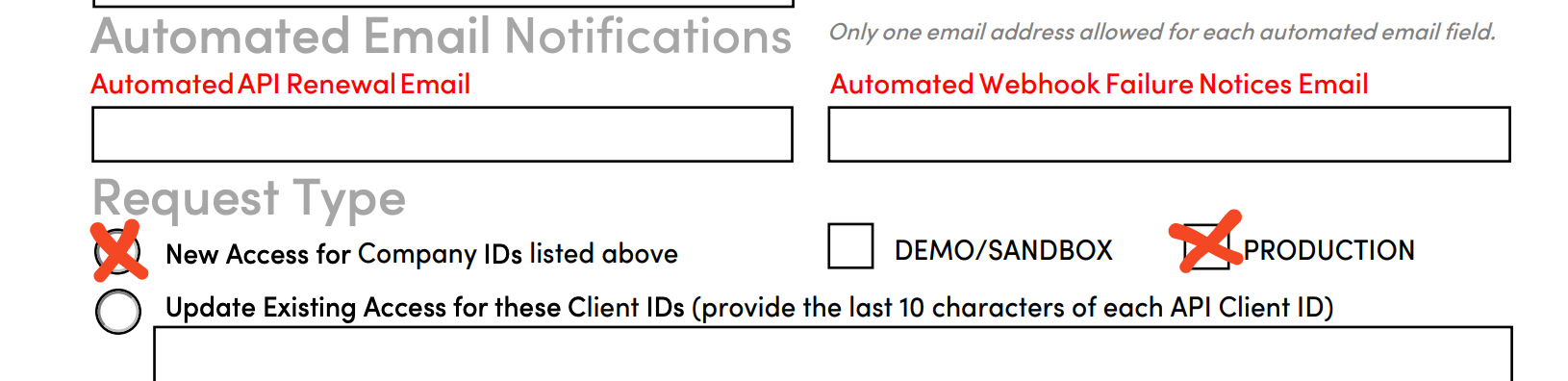 Paylocity API access request form with New Access and Production selected