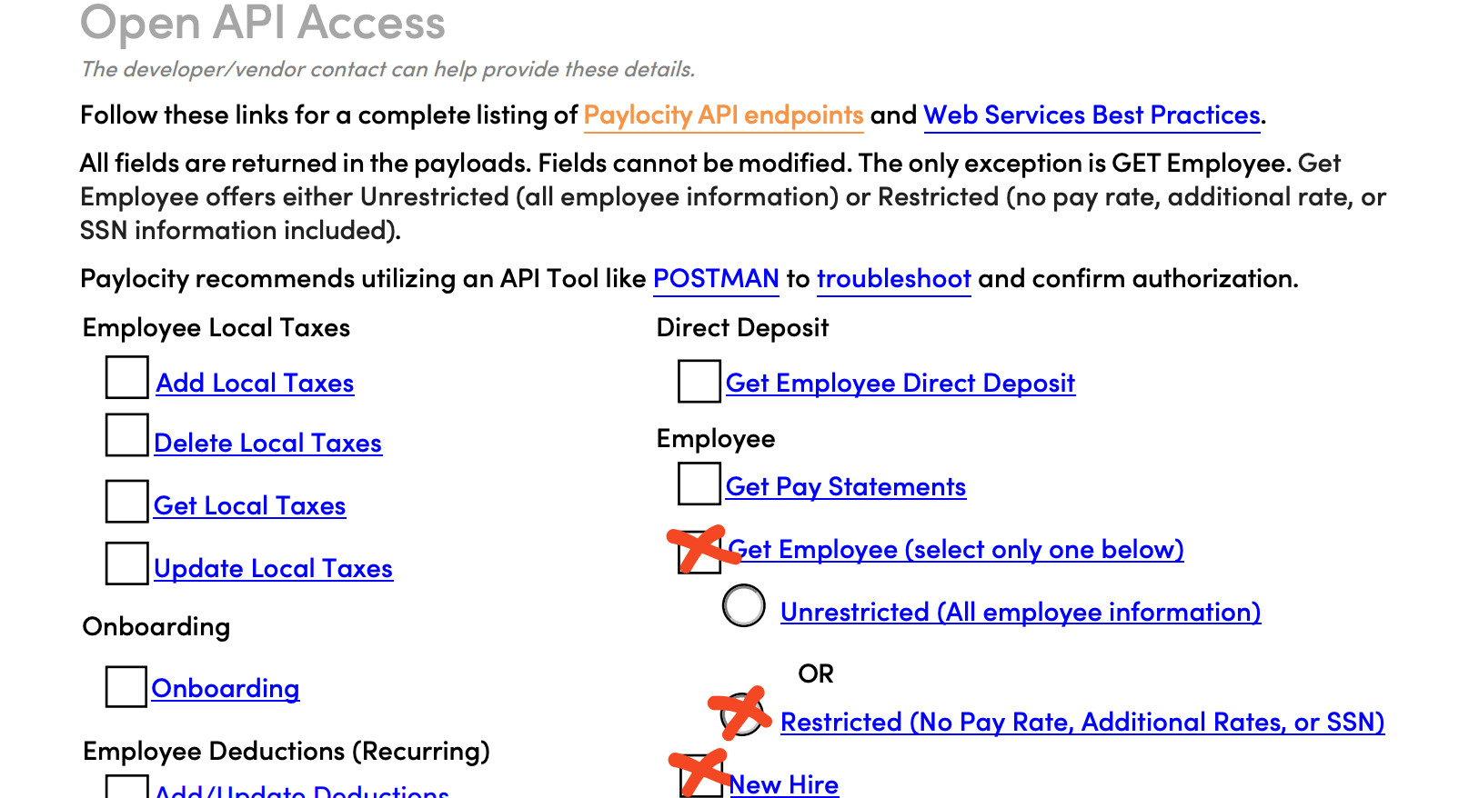 Paylocity Open API Access page with Get Employee and Restricted access selected