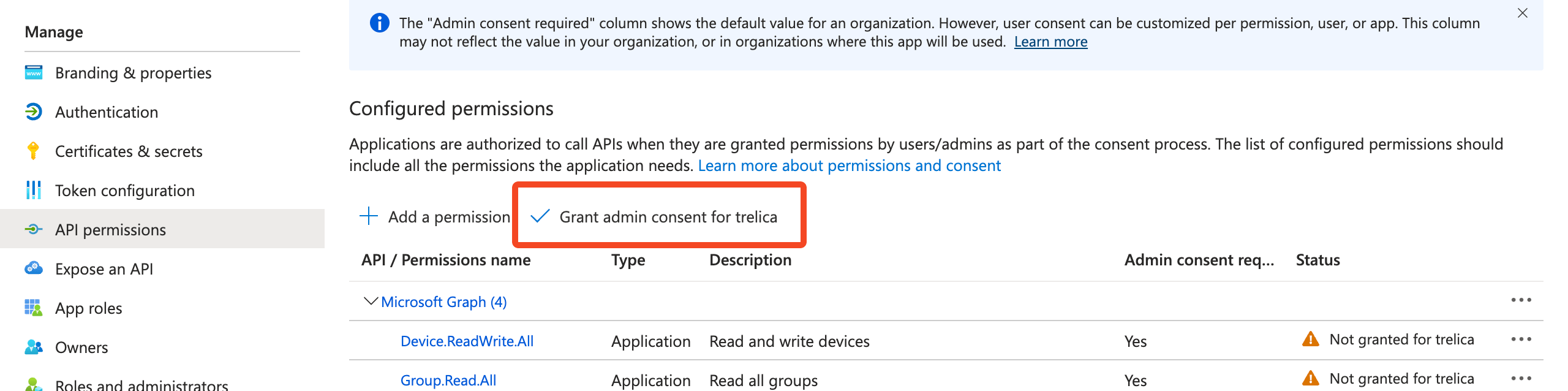 Microsoft Entra ID API permissions page with Grant admin consent highlighted