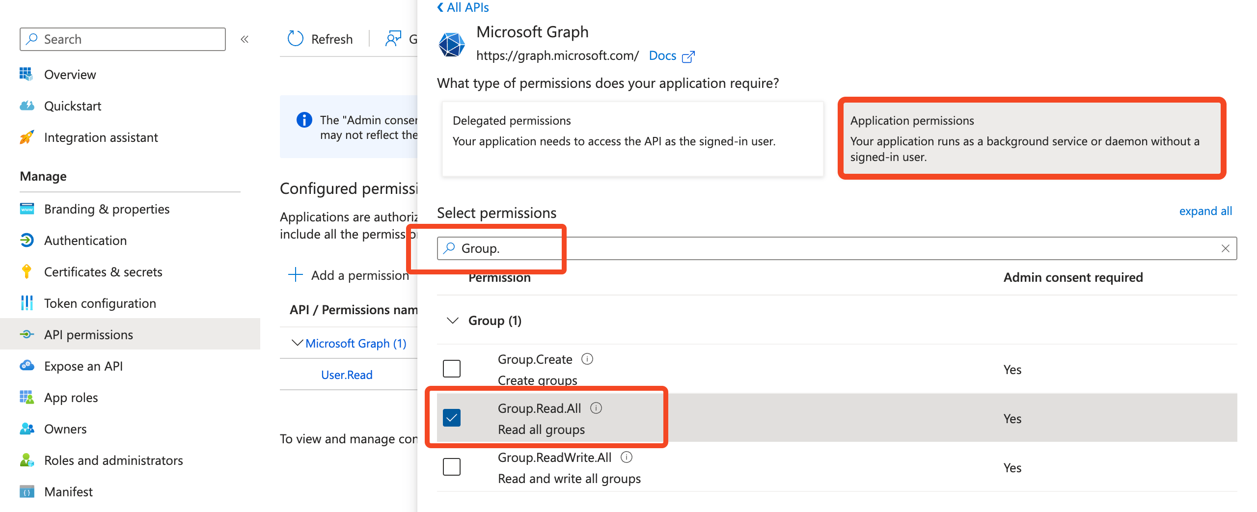 Microsoft Graph application permissions dialog with Group.Read.All selected