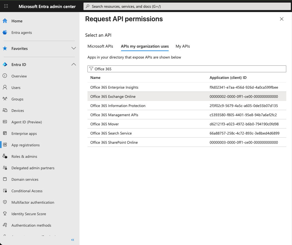Microsoft Entra ID Request API permissions dialog listing Office 365 Exchange Online