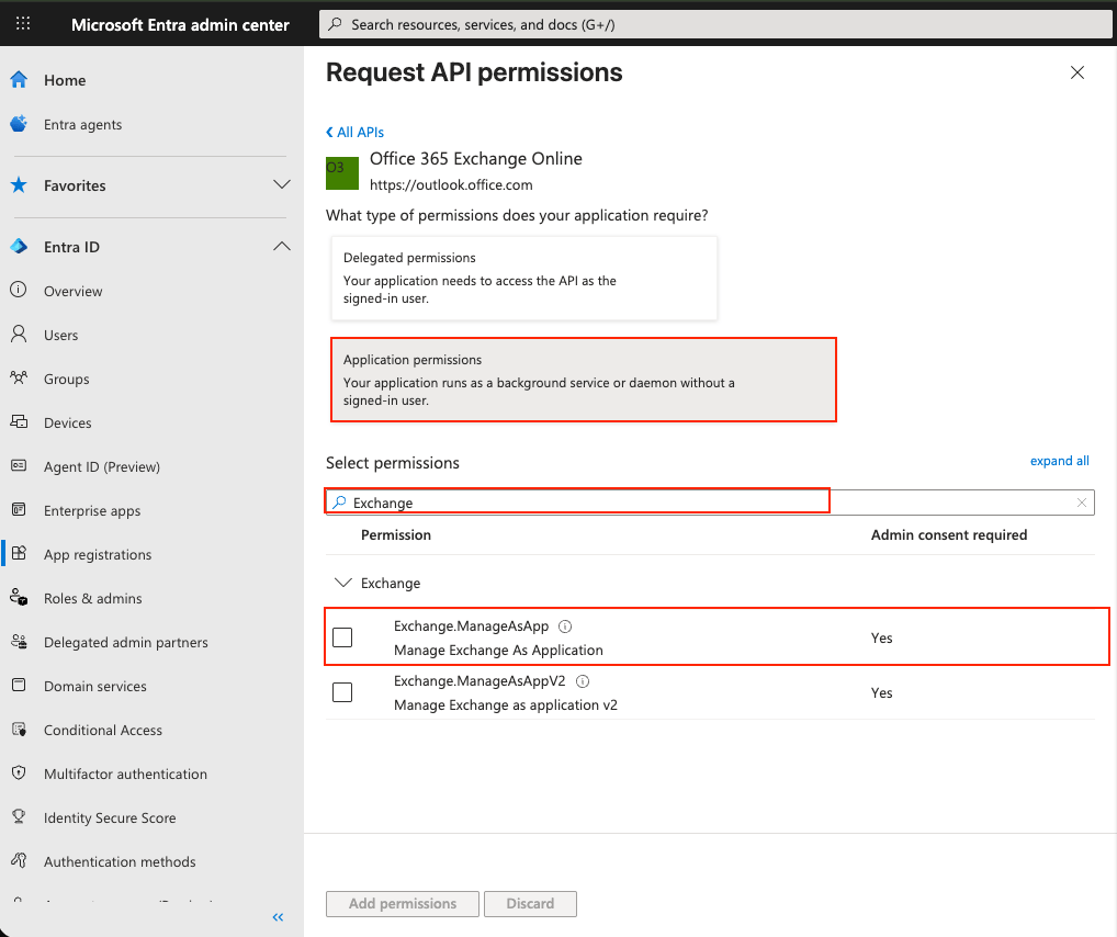Office 365 Exchange Online application permissions with Exchange.ManageAsApp selected