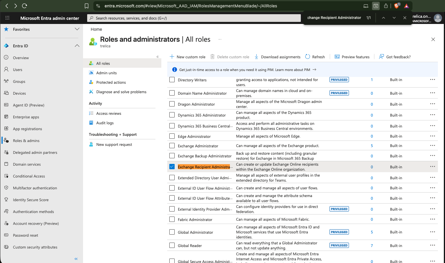 Microsoft Entra ID Roles and administrators page with Exchange Recipient Administrator selected