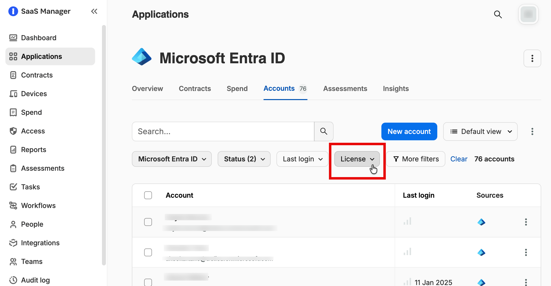 SaaS Manager application Accounts tab with the Licenses quick filter