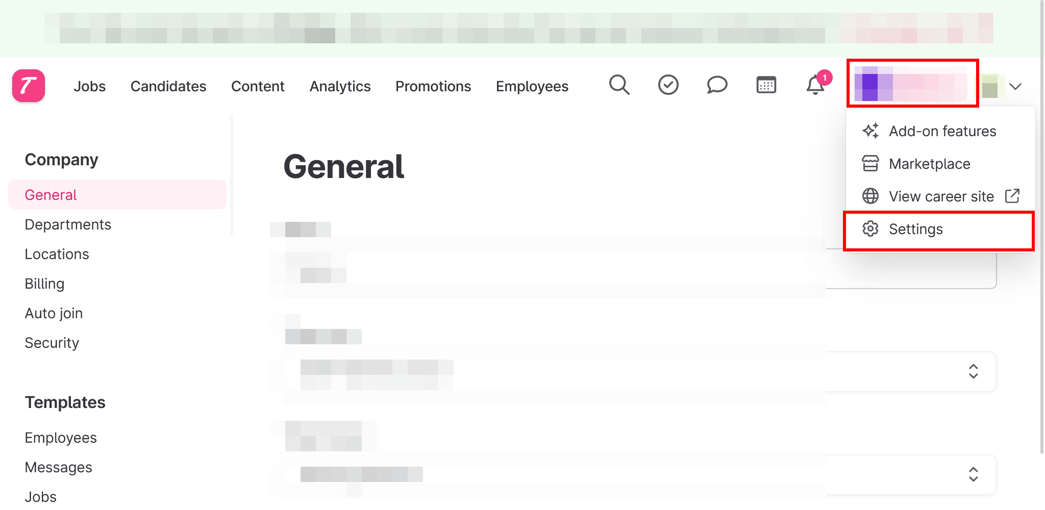 Teamtailor navigation with Settings selected