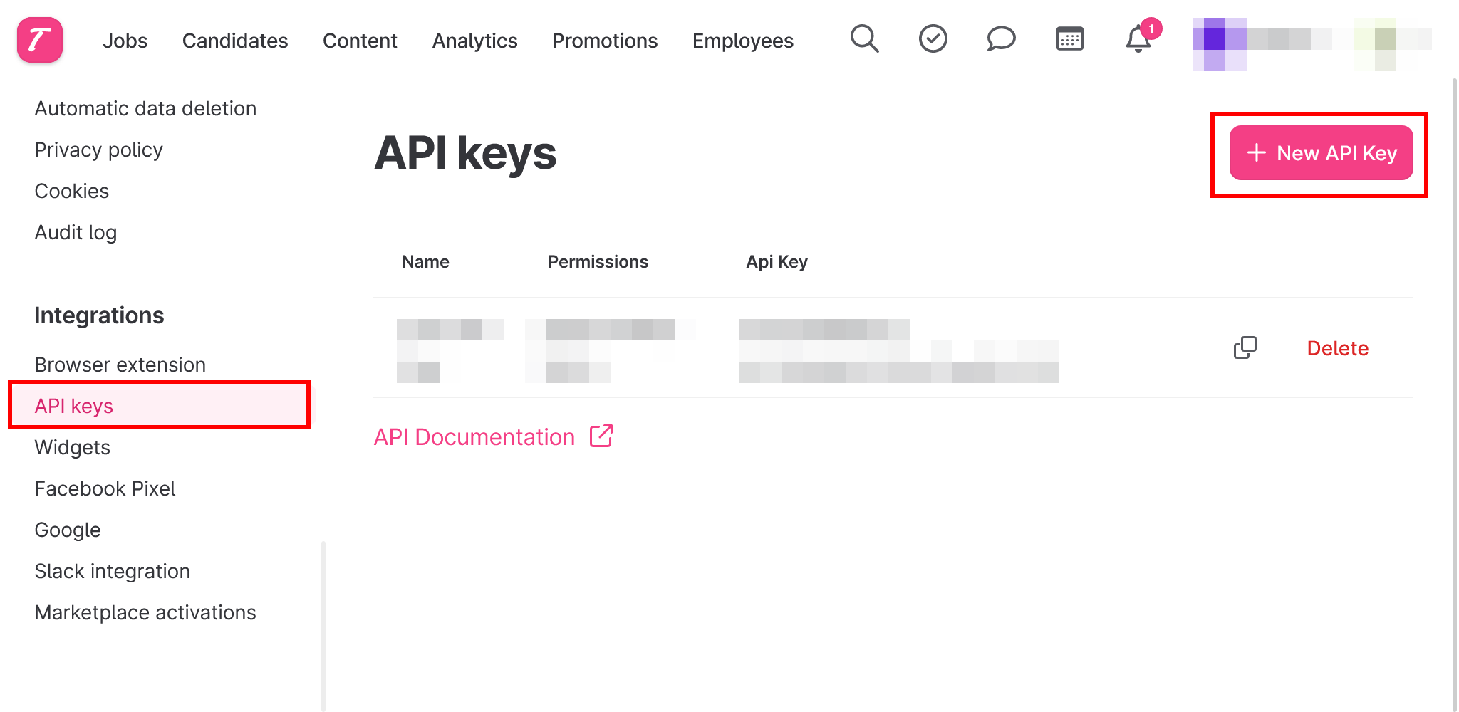 Teamtailor API keys page with New API Key selected