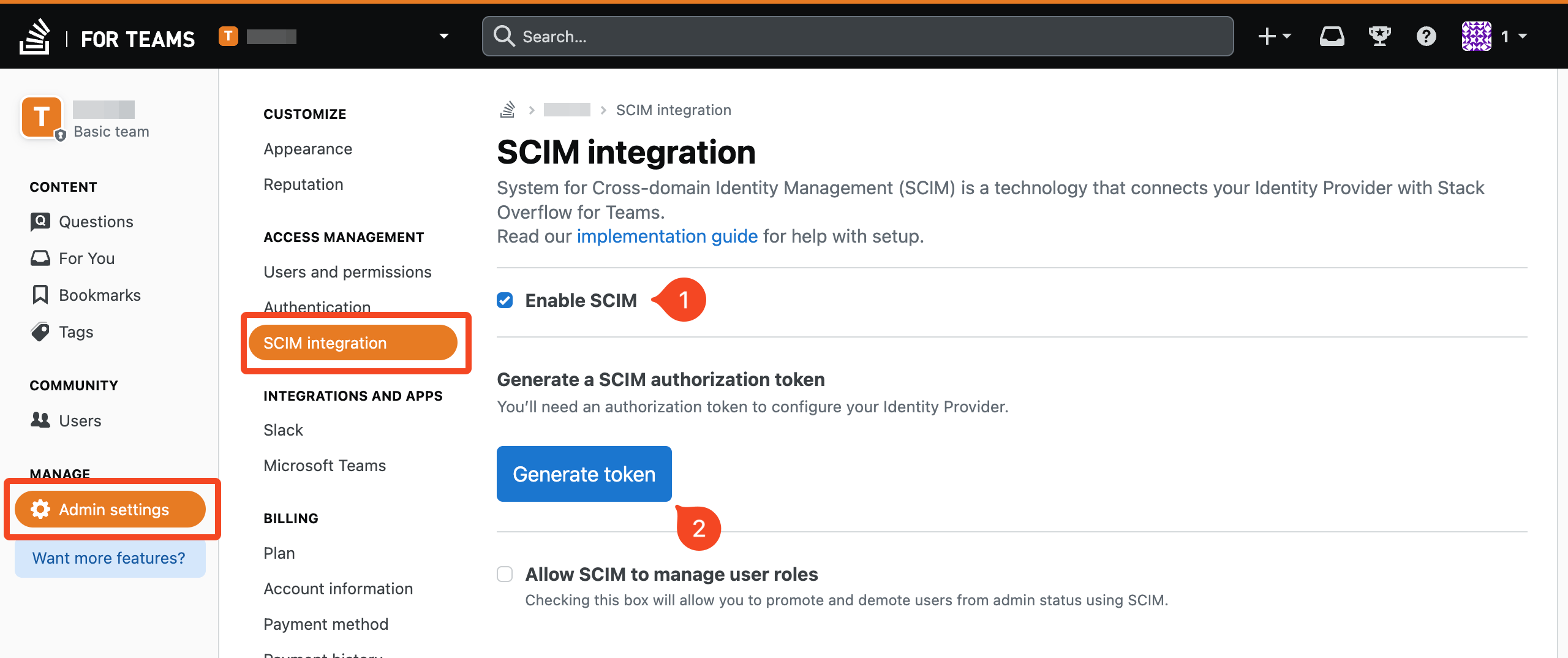 Stack Overflow for Teams SCIM integration page with Generate token selected