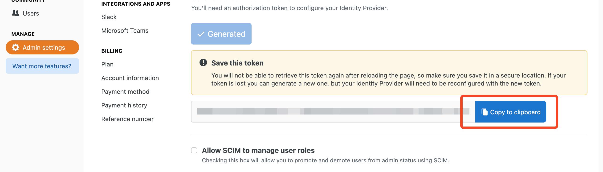 Stack Overflow for Teams SCIM integration page showing the generated token