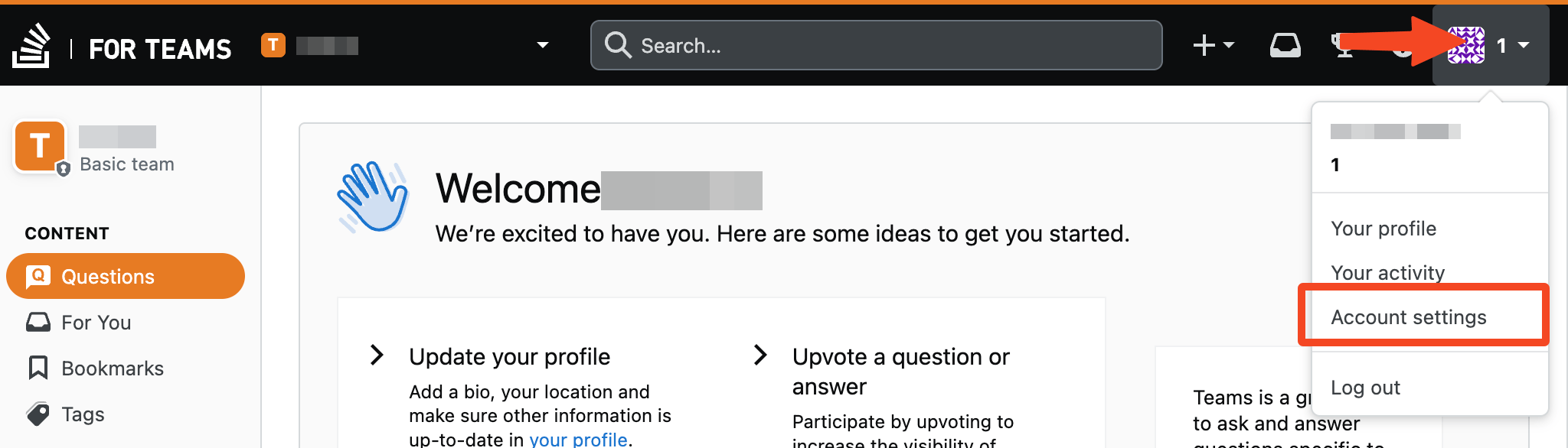 Stack Overflow for Teams account menu with Personal access tokens selected