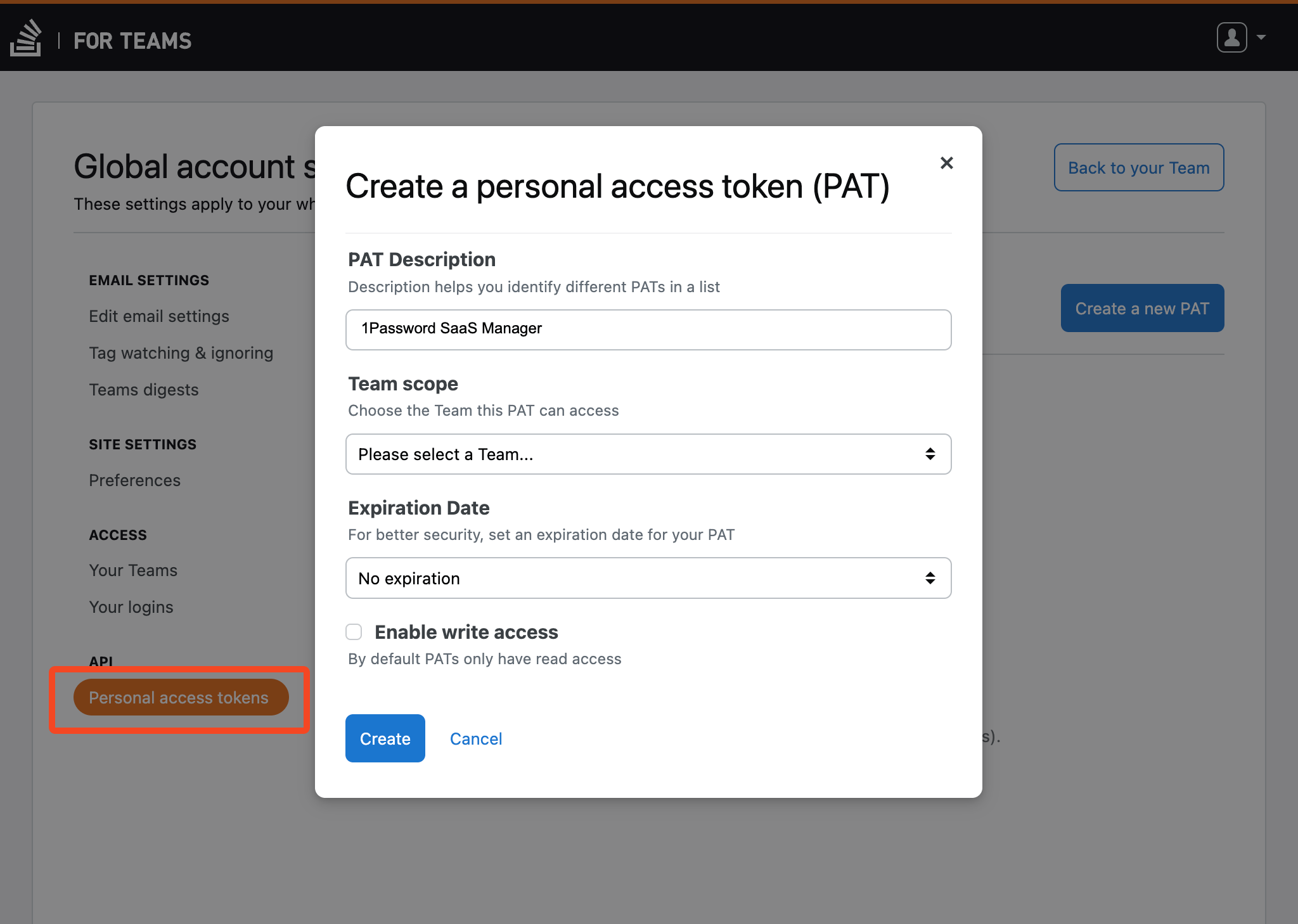 Stack Overflow for Teams personal access token form