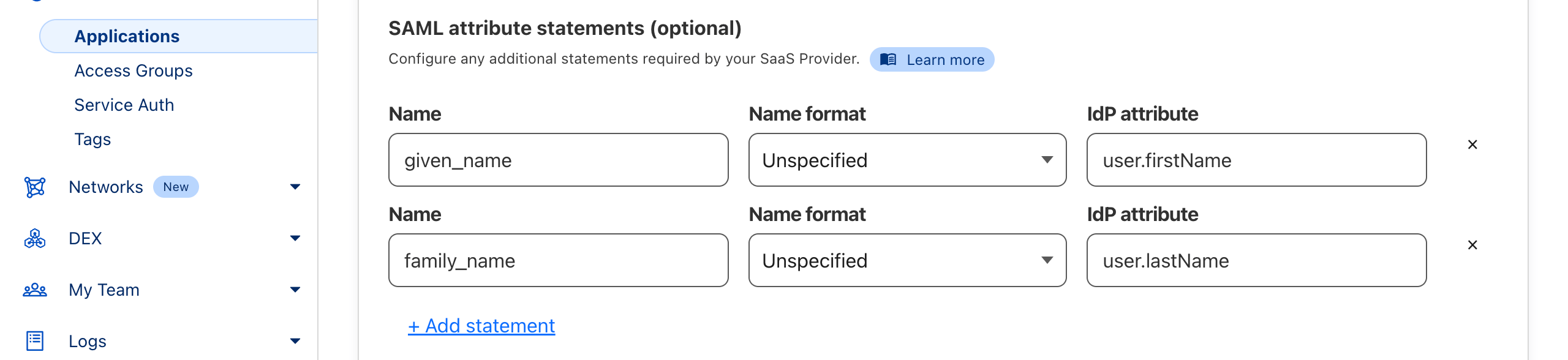 Cloudflare SAML attribute statements configured with given_name and family_name attributes