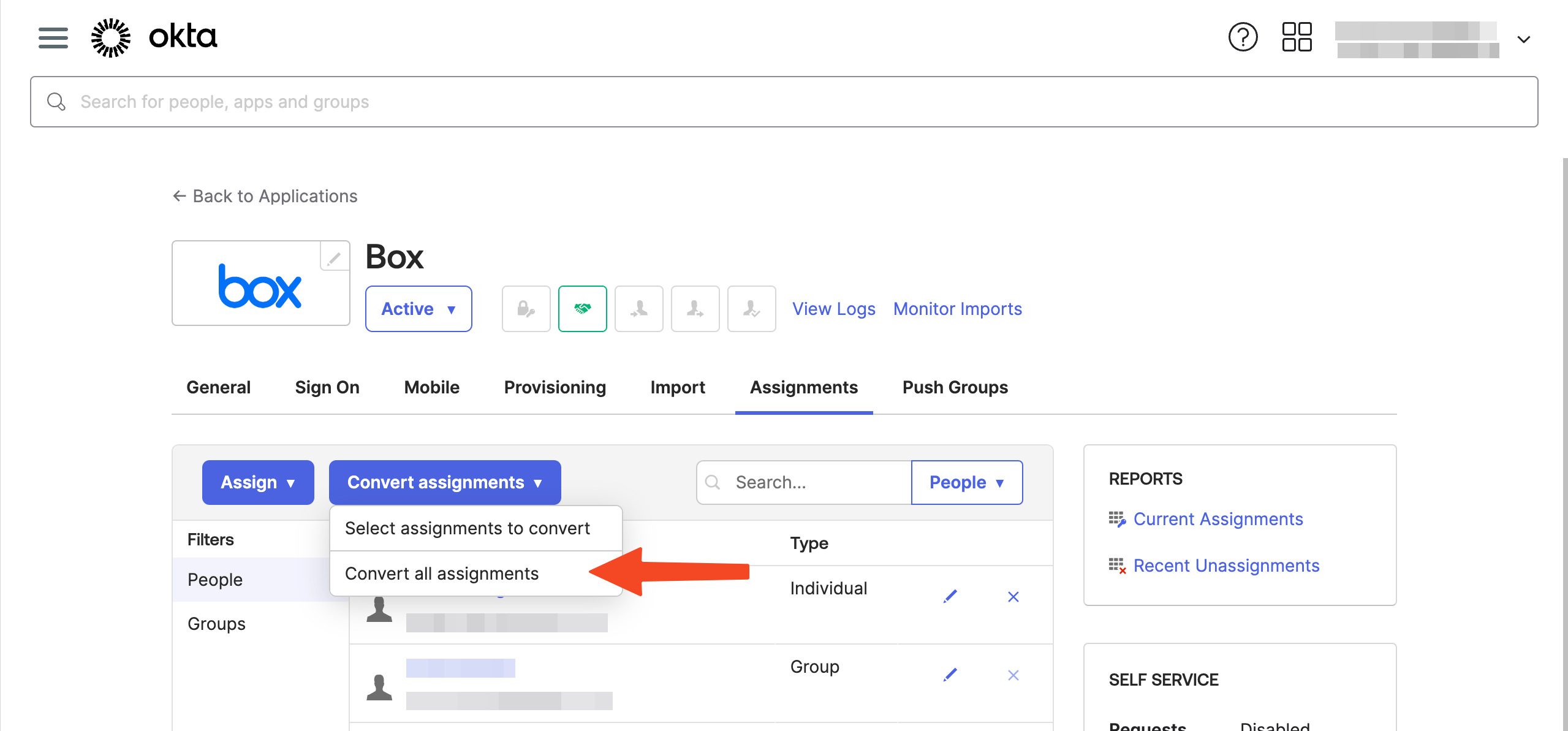 Okta assignment conversion controls