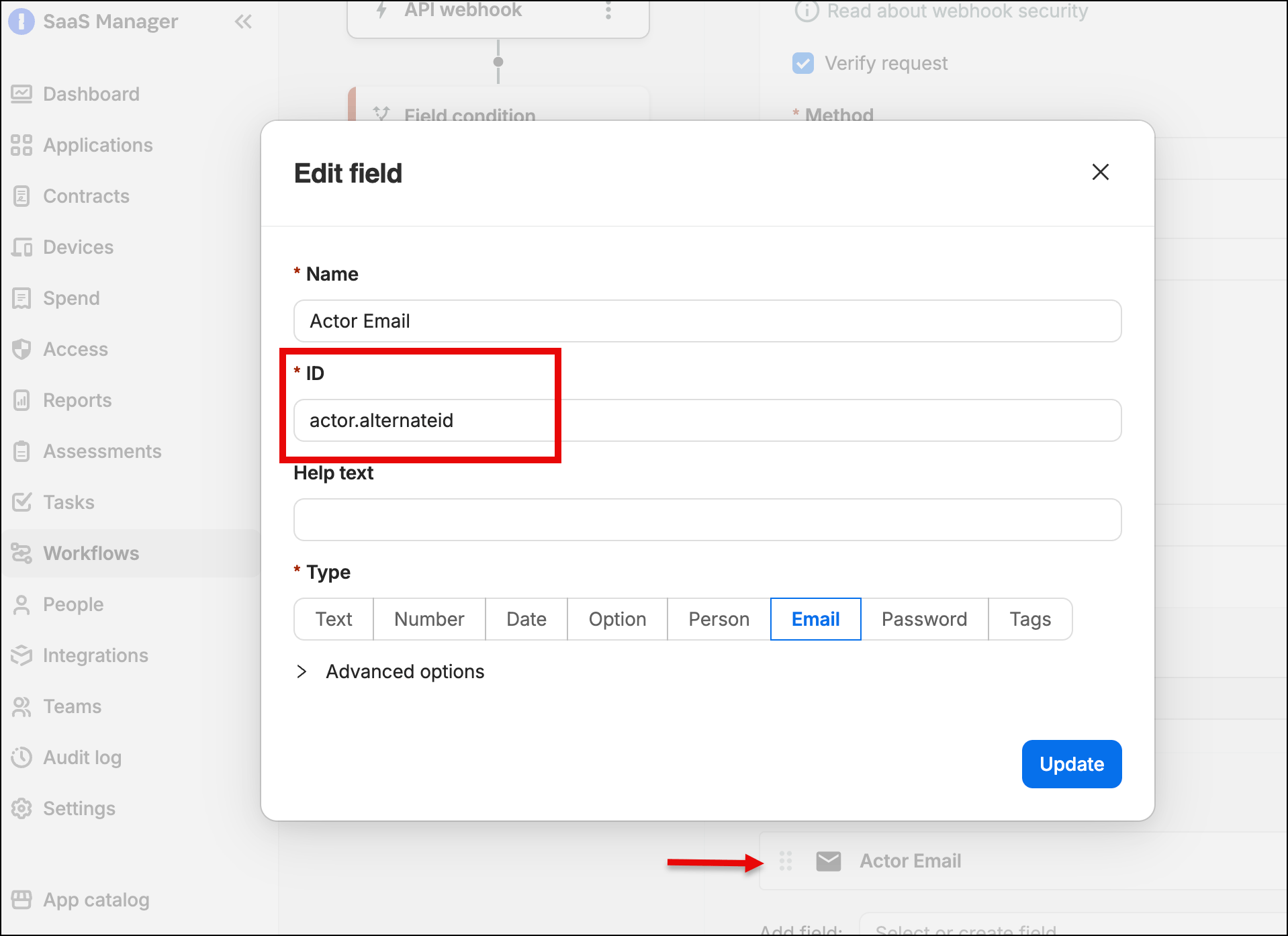 SaaS Manager workflow input for an Okta actor