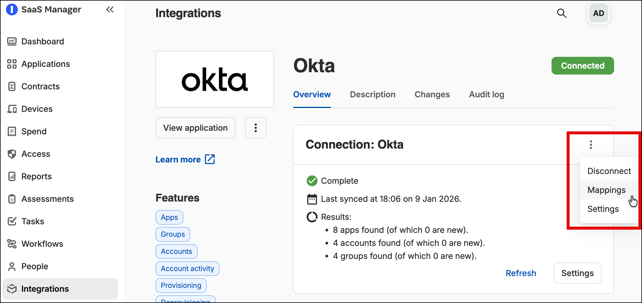SaaS Manager Okta integration mappings