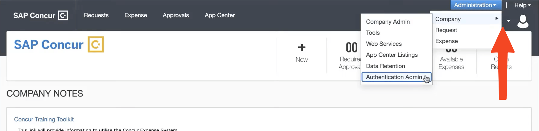 SAP Concur Administration menu with Authentication Admin selected