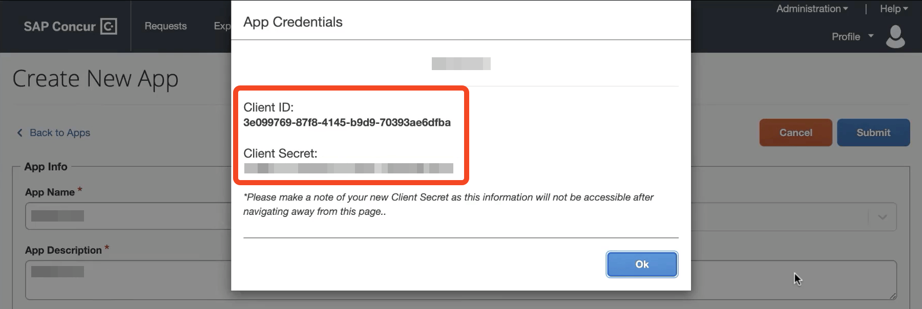 SAP Concur application credentials showing the client ID and client secret