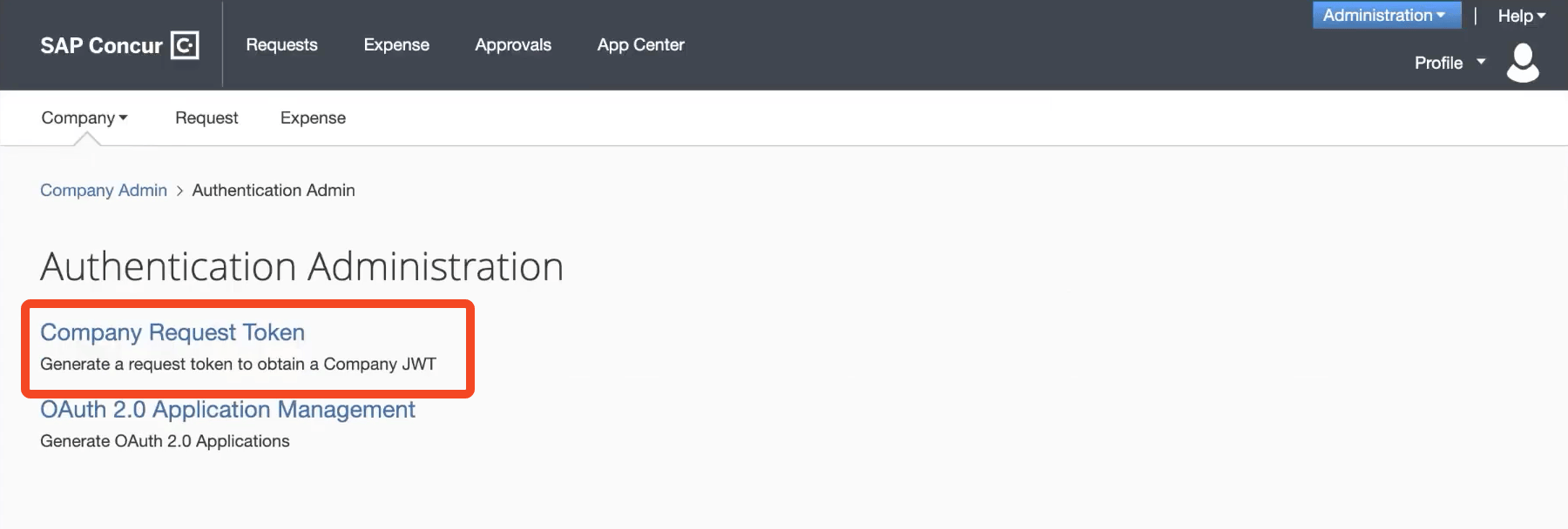 SAP Concur Authentication Administration page with Company Request Token selected