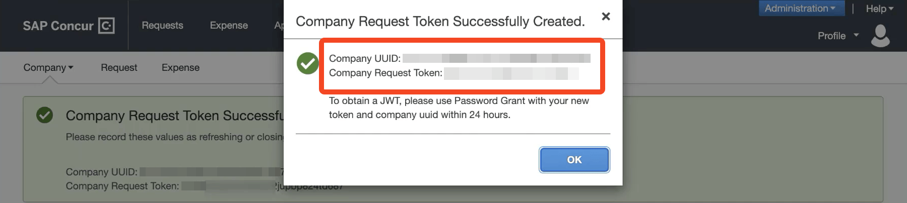 SAP Concur credentials showing the Company UUID and Company Request Token