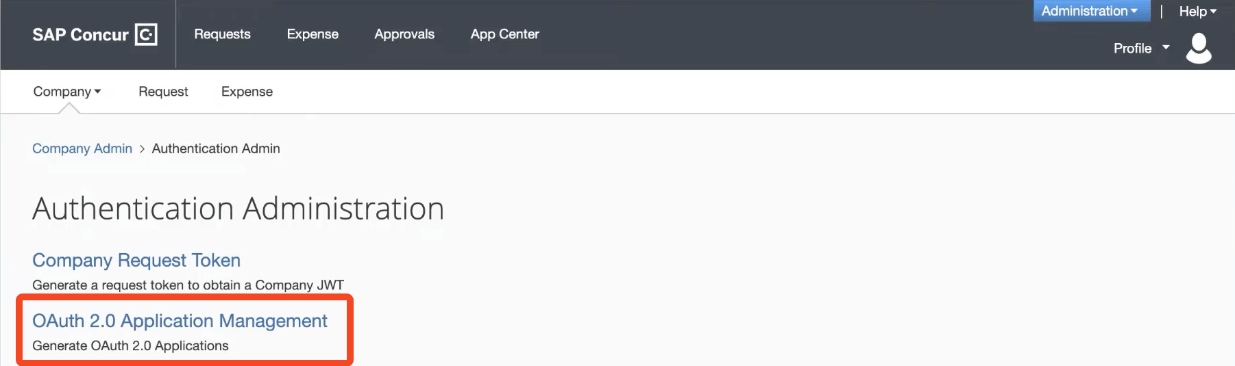 SAP Concur Authentication Administration page with OAuth 2.0 Application Management selected