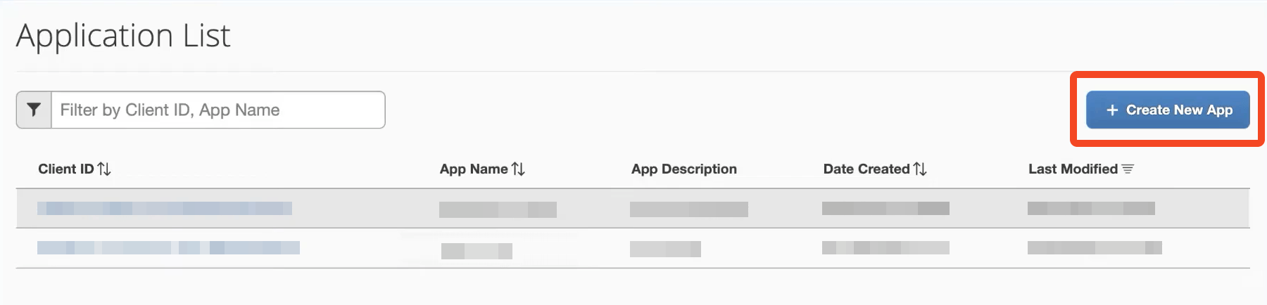 SAP Concur OAuth application list with Create New App selected