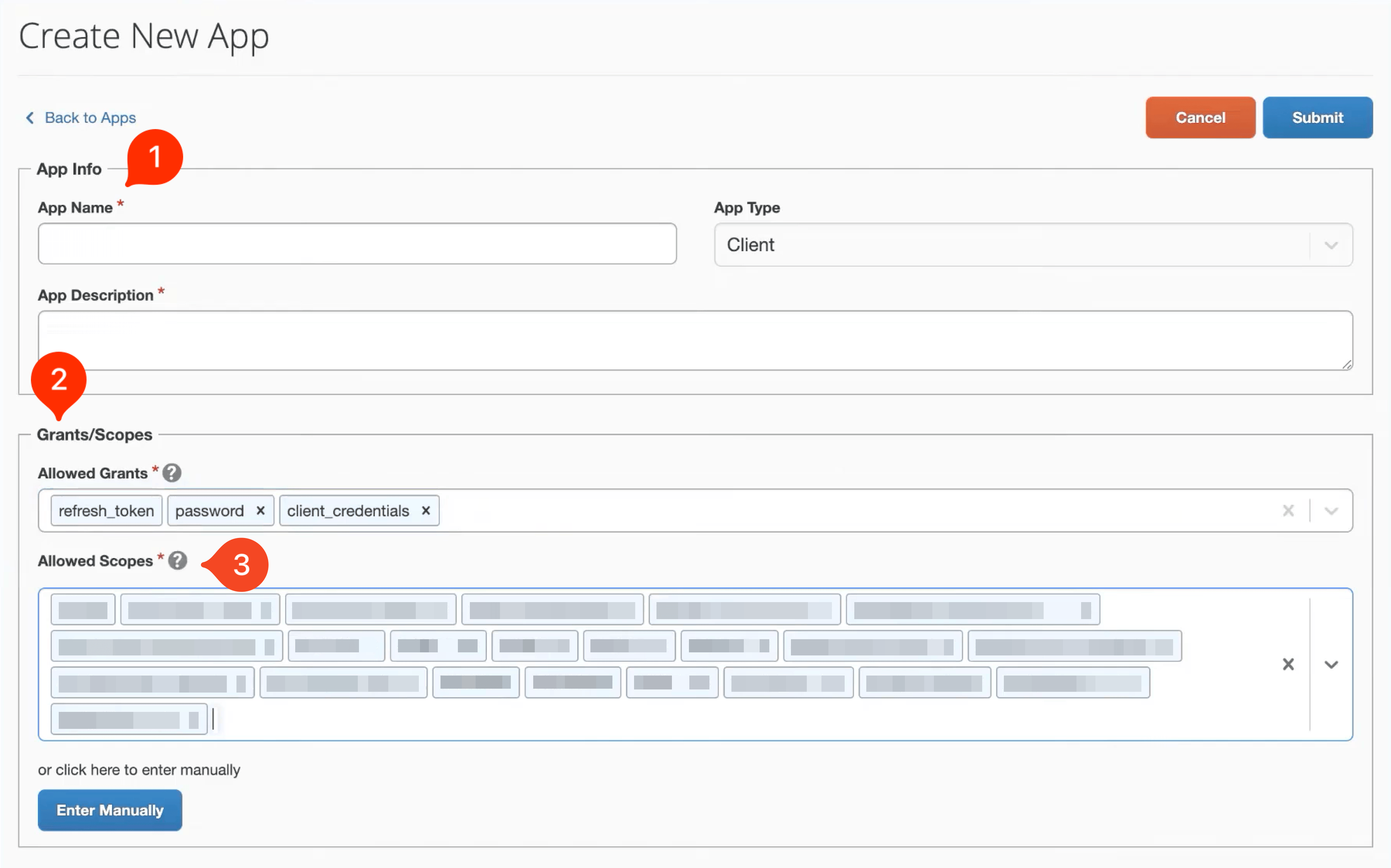 SAP Concur Create New App form with OAuth grants and scopes