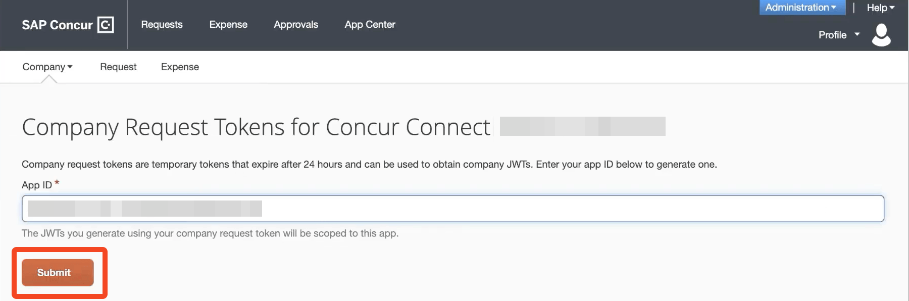 SAP Concur Company Request Token form with the App ID field