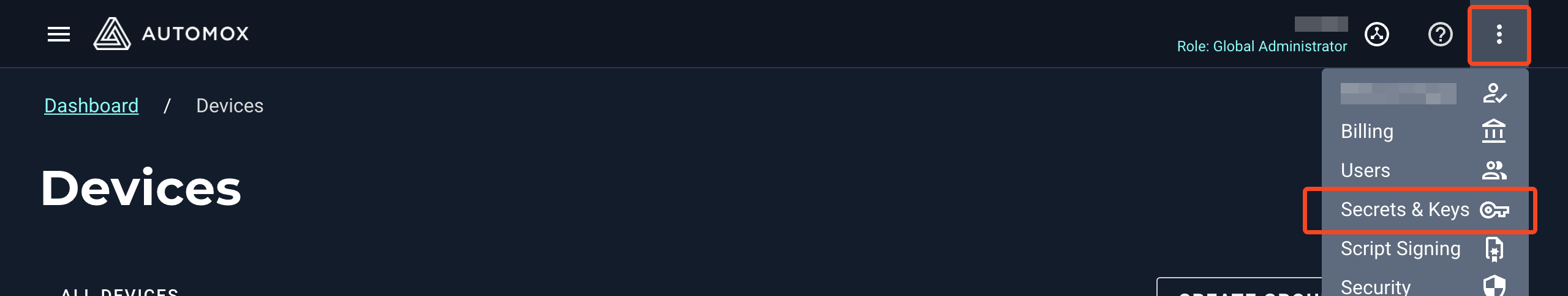 Automox account menu with Secrets and Keys selected