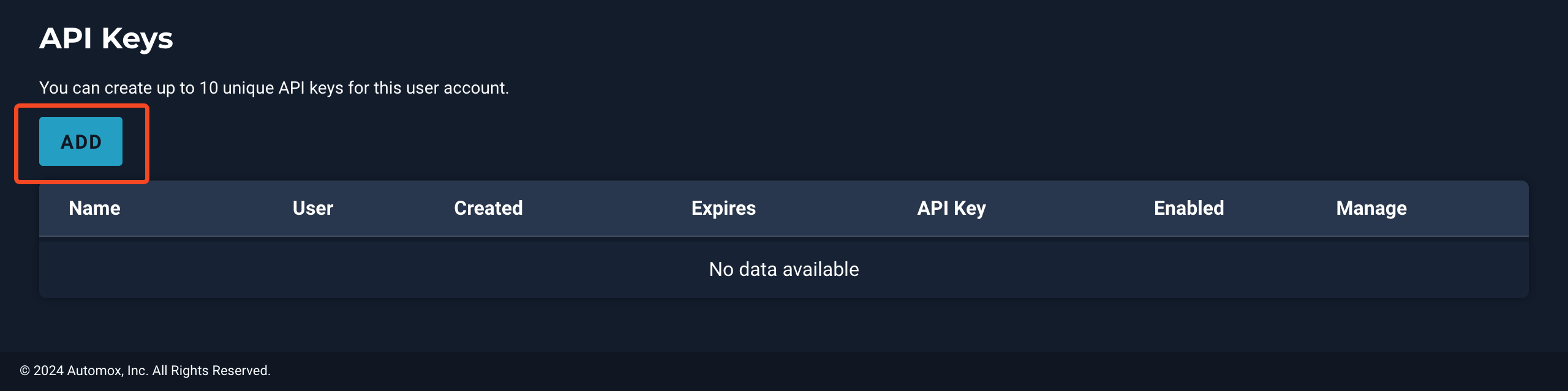 Automox API Keys section with Add selected