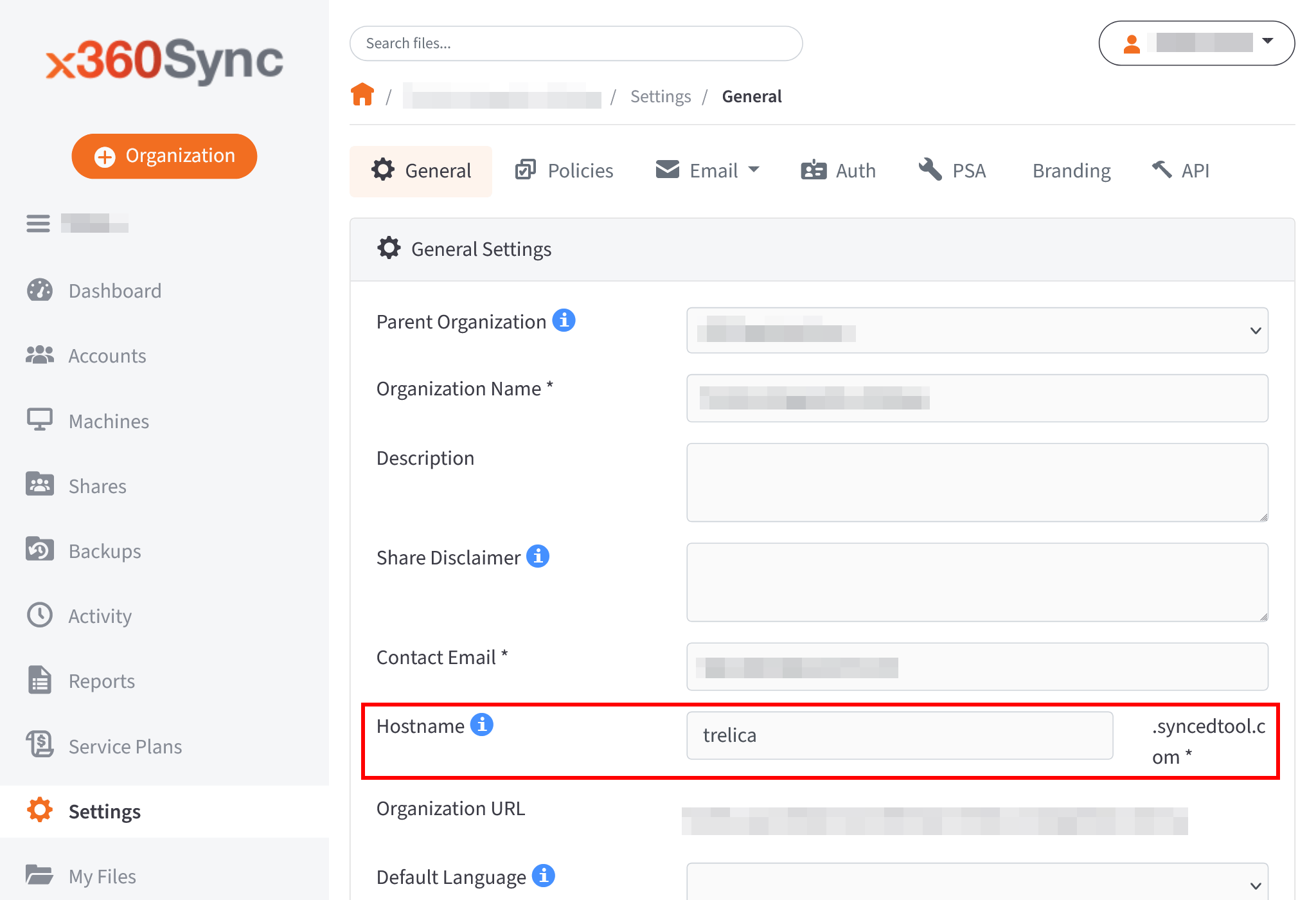 x360Sync General settings page with the Hostname field highlighted