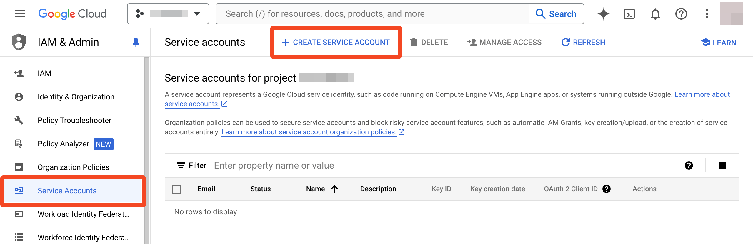 Google Cloud service accounts page with Create service account selected