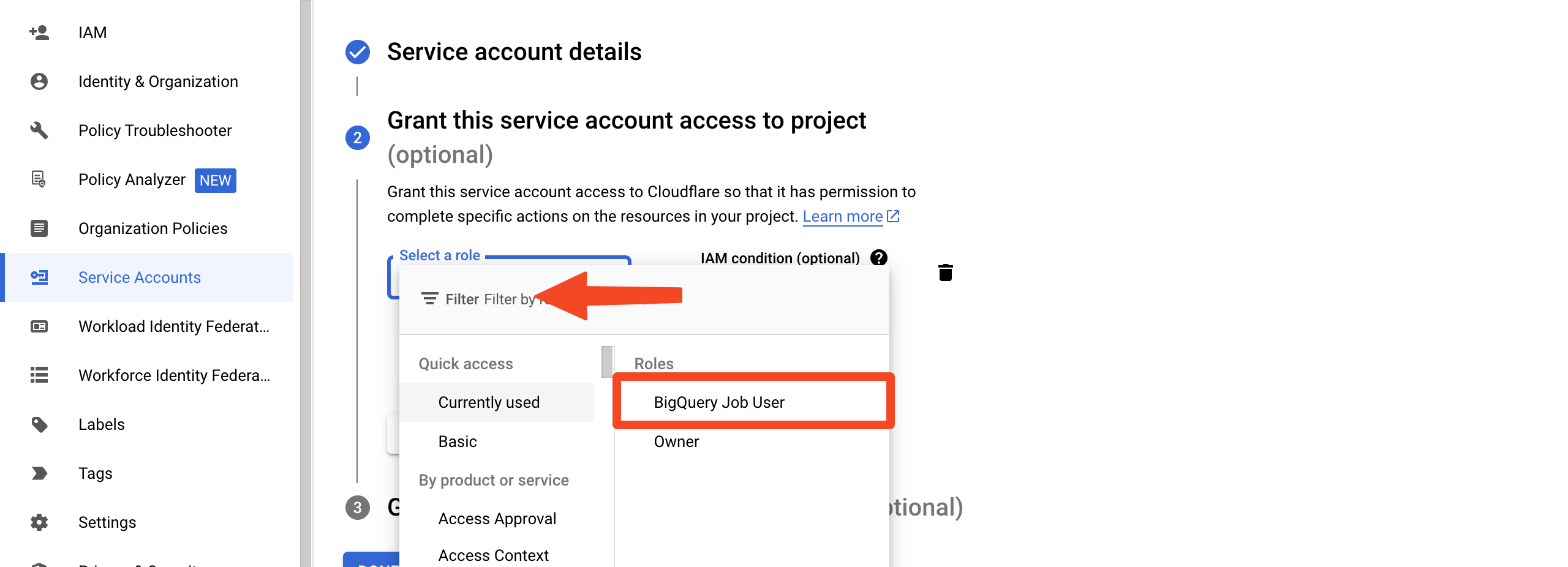 Google Cloud service account role selection with BigQuery Job User