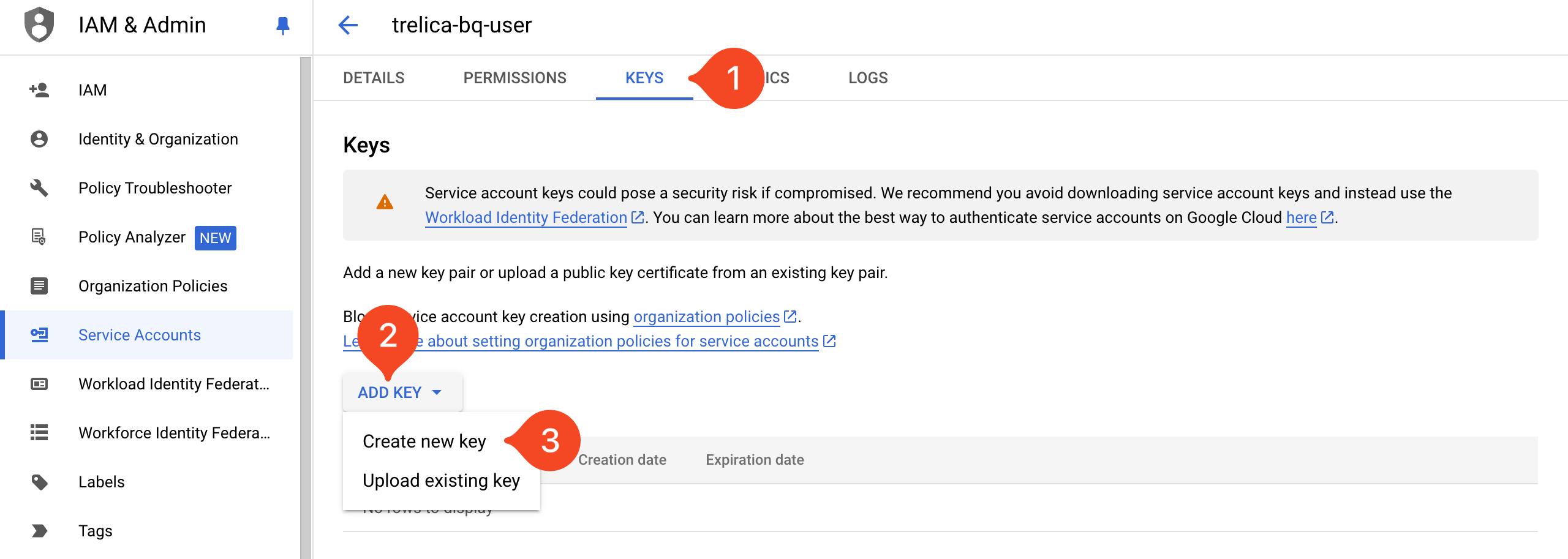 Google Cloud service account Keys tab with Create new key selected