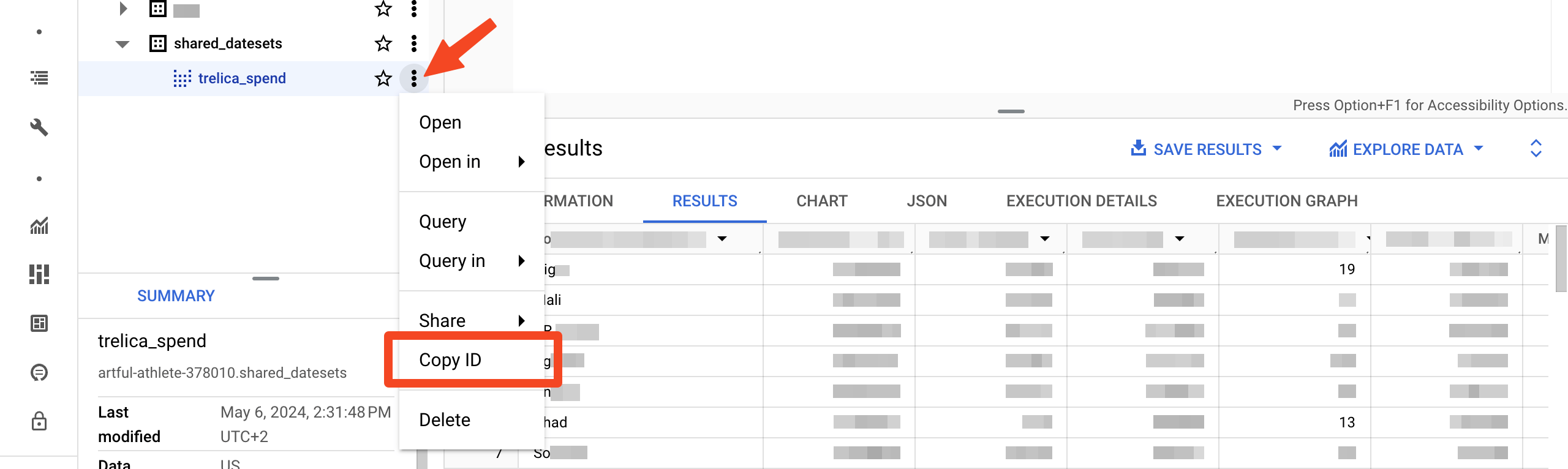 BigQuery view menu with Copy ID selected