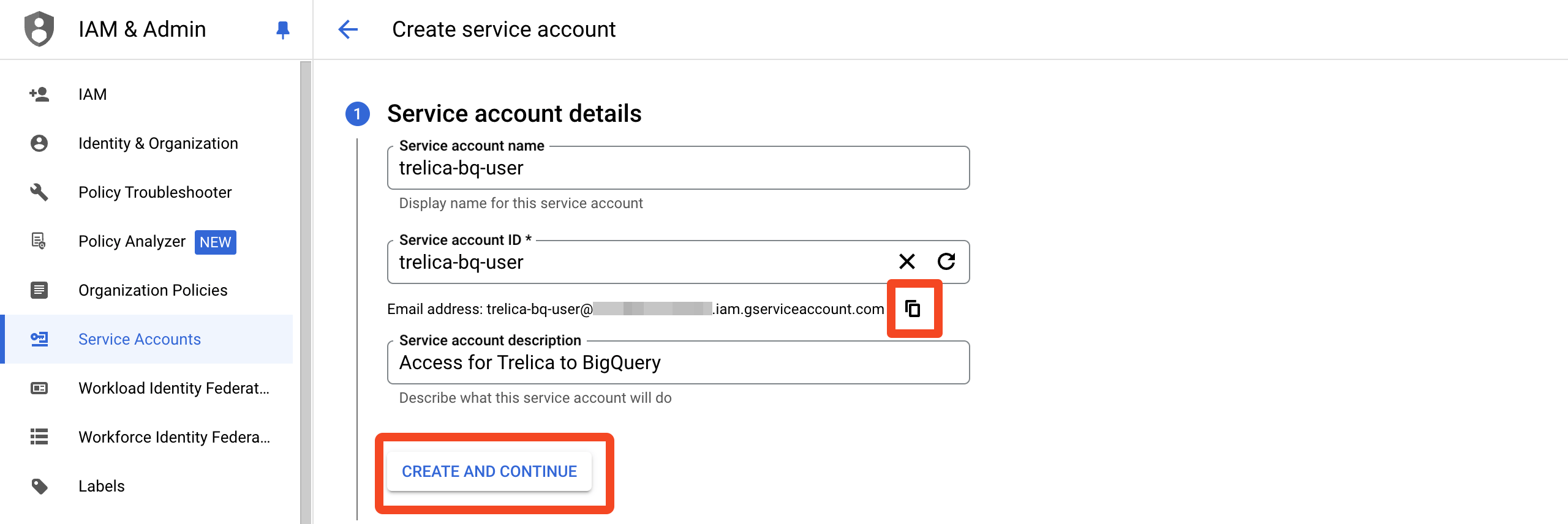 Google Cloud service account form with the service account name