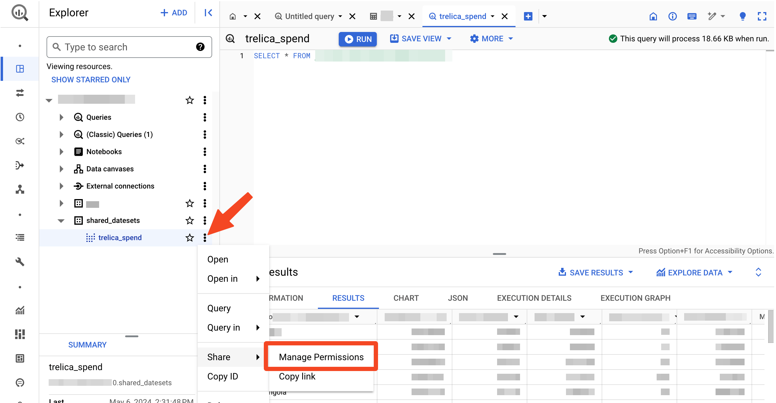BigQuery view menu with Manage Permissions selected