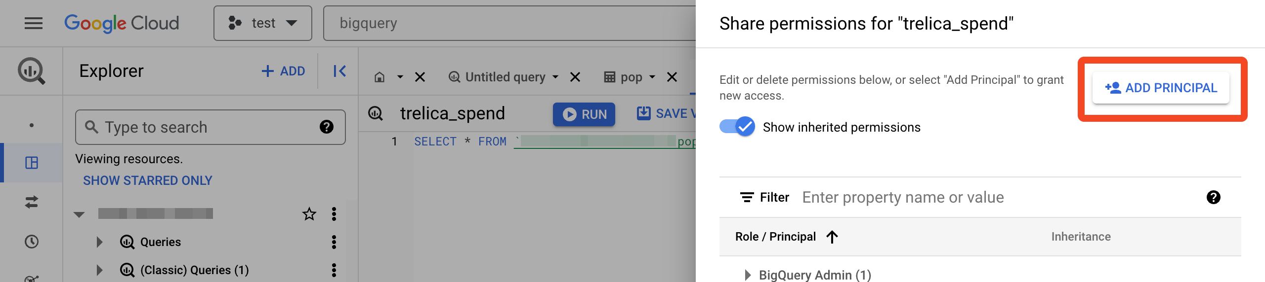 BigQuery permissions dialog with Add Principal selected