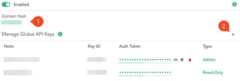 Thinkst Canary API settings with the Domain Hash and create API key control