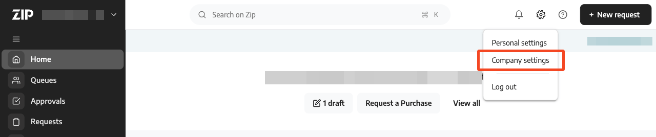 Zip settings menu with Company settings selected