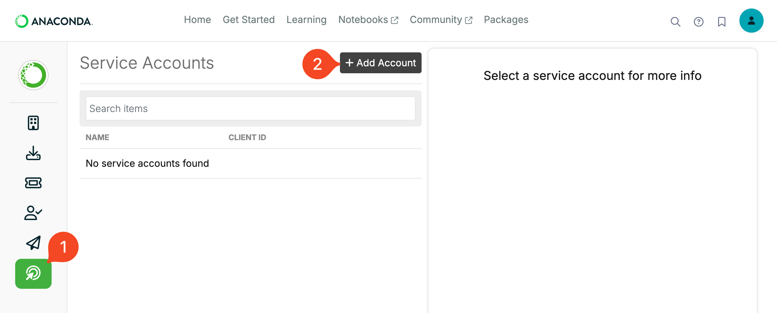 Anaconda Cloud service accounts page with Add Account selected