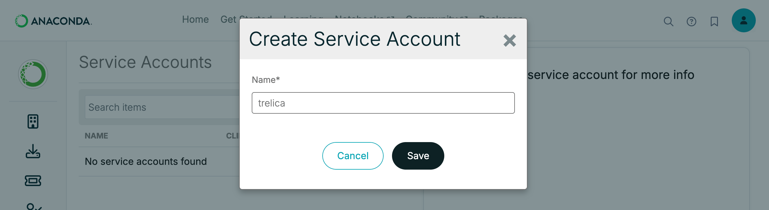 Anaconda Cloud service account creation form with the account name