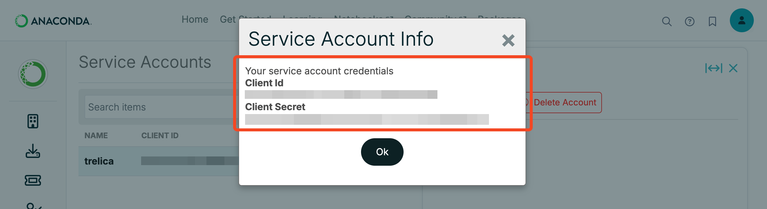 Anaconda Cloud service account credentials showing the client ID and client secret