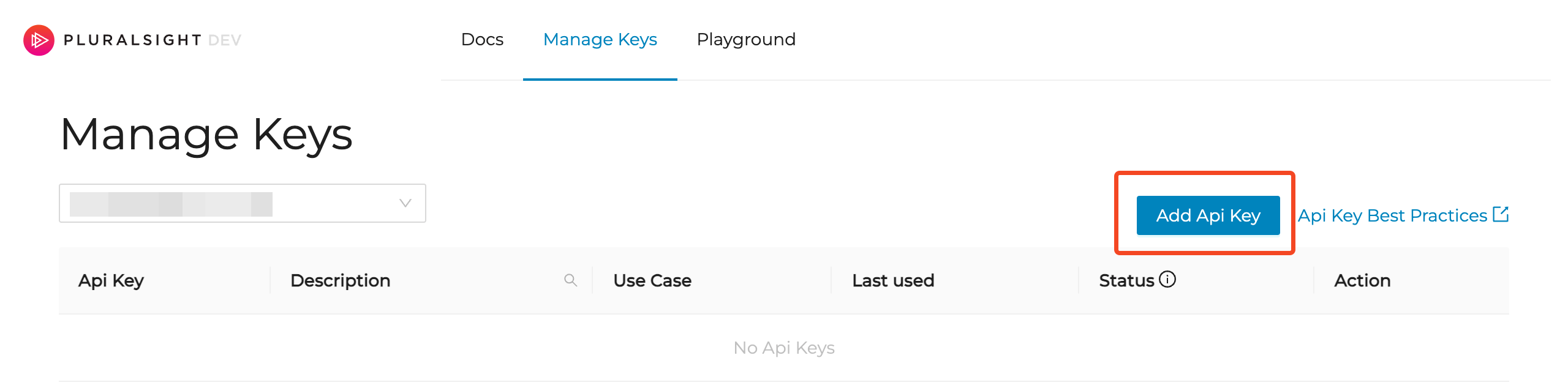 Pluralsight Manage Keys page with Add API Key highlighted