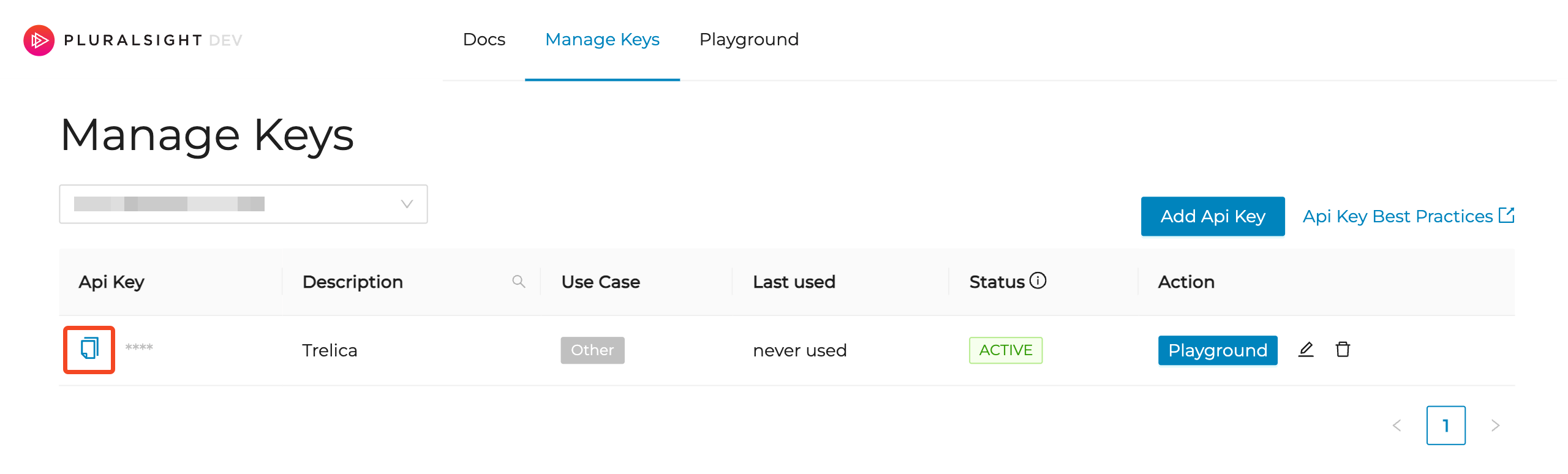 Pluralsight Manage Keys page with the copy API key button highlighted